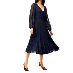 Wilfred Aritzia Beaune Pleated Wrap Long Sleeve Midi Dress Navy Large NWT